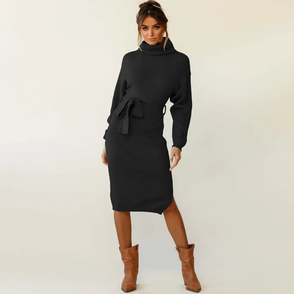 Keep warm Knitted Bodycon Dress Bottoming Women Soft Elastic Turtleneck Sweater Autumn Winter Midi Party Dresses With Belt