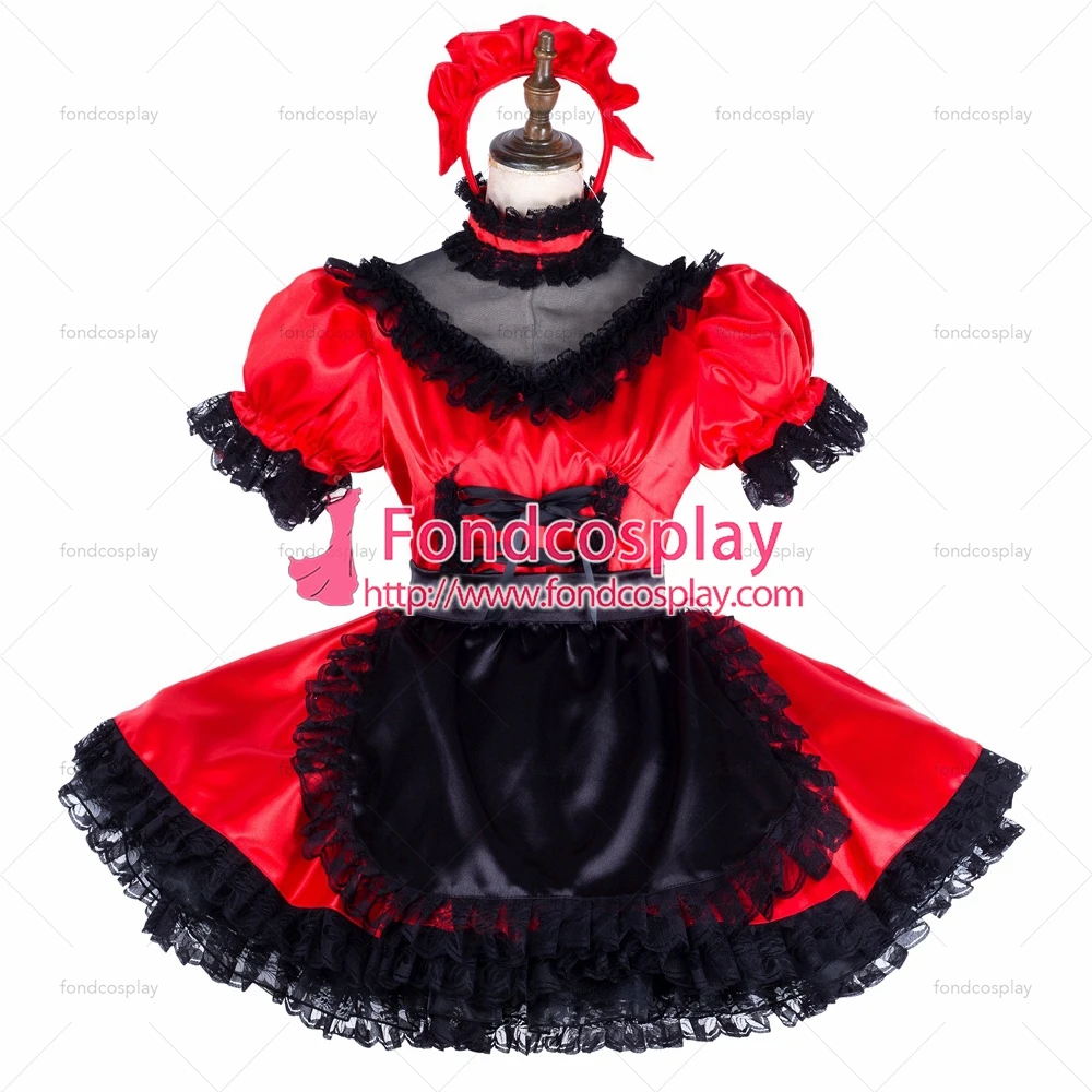 

adult sexy cross dressing sissy maid short lockable red Satin Uniform black apron costume Tailor-made[G1994]