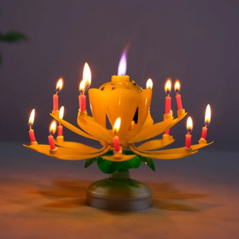 

Innovative Party Cake Candle Musical Rotating Lotus Flower Candle Light Happy Birthday DIY Cake Decoration Wedding Party Gifts