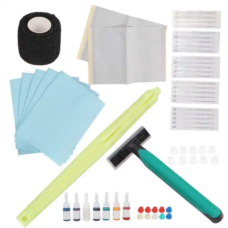 

DIY Tattoo Stick Pen Kit Prevent Slip Stainless Steel Needles Hand Stick Tattoo Pen Set Green Needle Locking Elastic Bandage for
