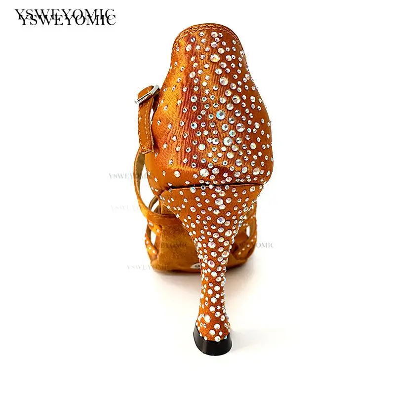 Cuban Heels 9cm Latin Salsa Dance Shoes Women Tan Satin colorful Crystal Flexible Soft Suede Sole Bachata Latin Shoes for Dance
