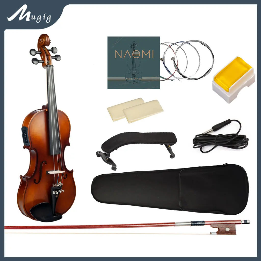 Mugig 4/4 Electric Violin EQ Acoustic Violin Solid Maple Spruce Wood Violin Ebony Fittings w Case Shoulder Rest Strings