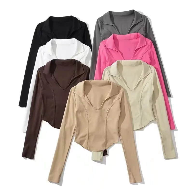 

Женский укороченный топ в стиле ретро, облегающая футболка с длинным рукавом, отложным воротником и длинным рукавом, Y2K, осень 2022