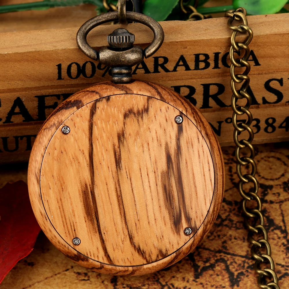 Zebra Wood Pocket Watch Necklace Luxury Gifts for Men Women Analog Fob Chain Quartz Watch Vintage Pendant Reloj De Bolsillo
