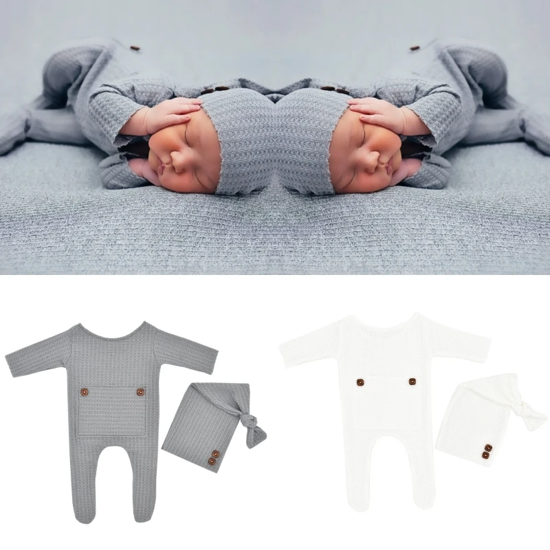 

6 Colors 2 Pcs/Set Infant Solid Hat+Bodysuit Set Baby Romper Photography Suit Newborn Photography Props