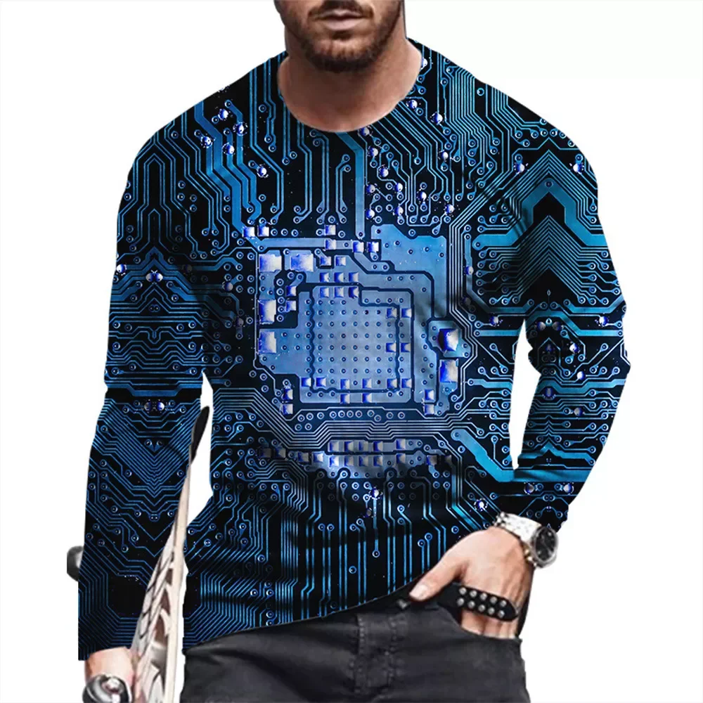

NEW2023 2021 Men's New Long Sleeve 3D Printing Fashion Casual T-shirt Circuit Board Loose Sports Round Neck Top Punk Style
