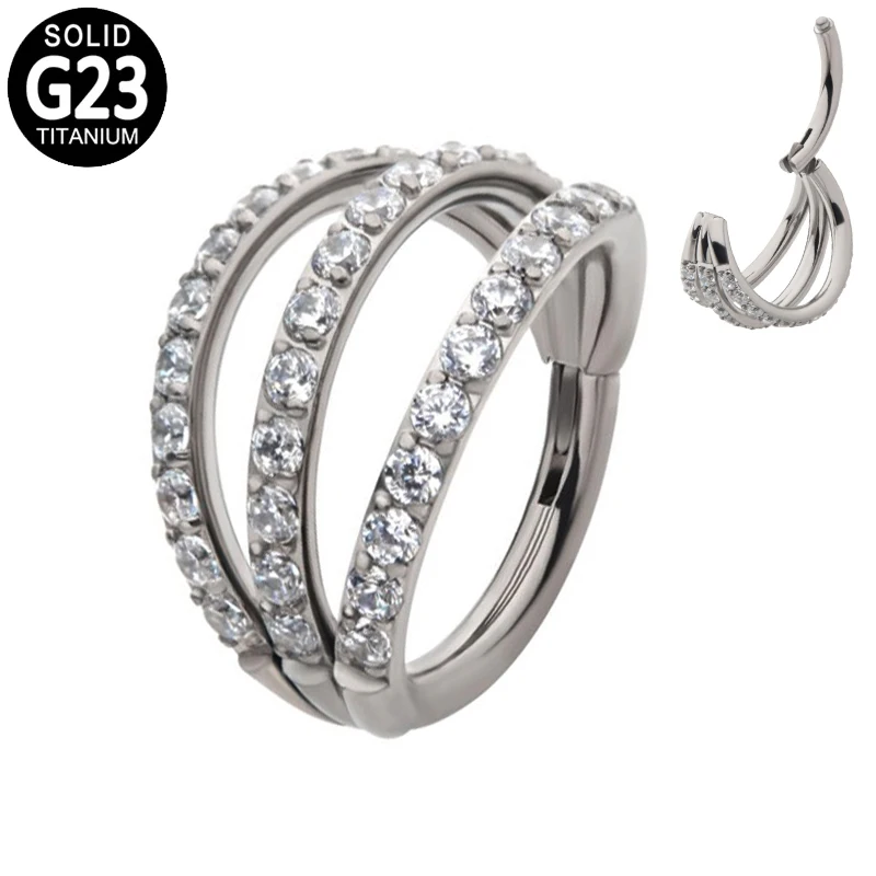 

Кольцо для носа из титана G23, трехслойное кольцо с выложенным фианитом на петлях, для козелка и завитка ушной раковины