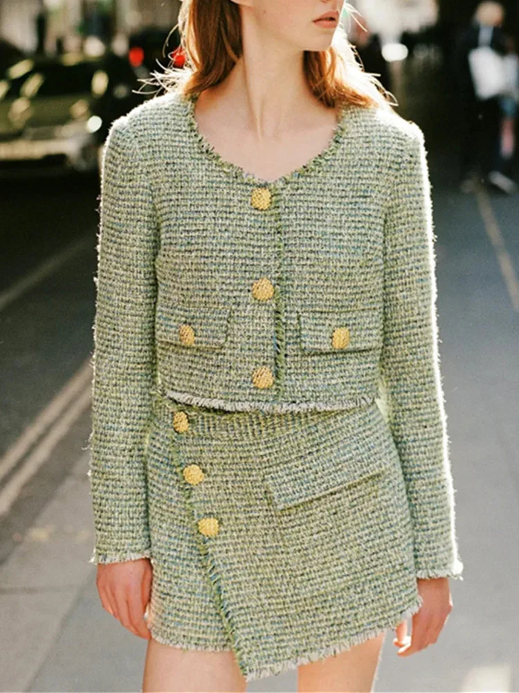 

2023 Autumn New Women O-Neck Tweed With Pockets Single-Breasted Short Coat Or High Waist Mini Fashion All-Match Shorts Skirts