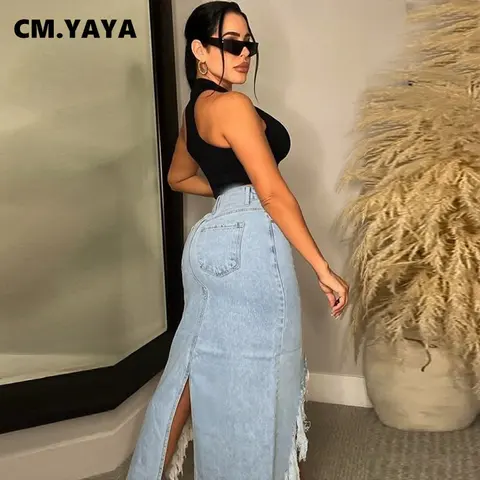 CM.YAYA Women Fashion High Side Slit Cutout Ripped Asymmetrical Maxi Long A-line Denim Skirt 2023 Streetwear INS Jean Skirts