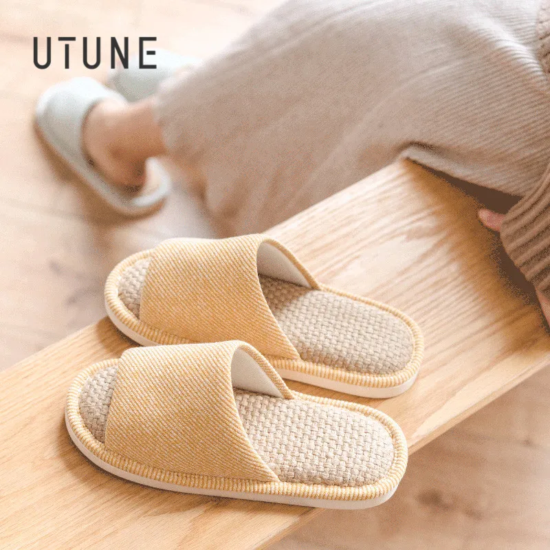 

UTUNE Natural Linen Slippers Women indoor Home Shoes Breathable Cotton Upper Hemp Soft and Non-slip