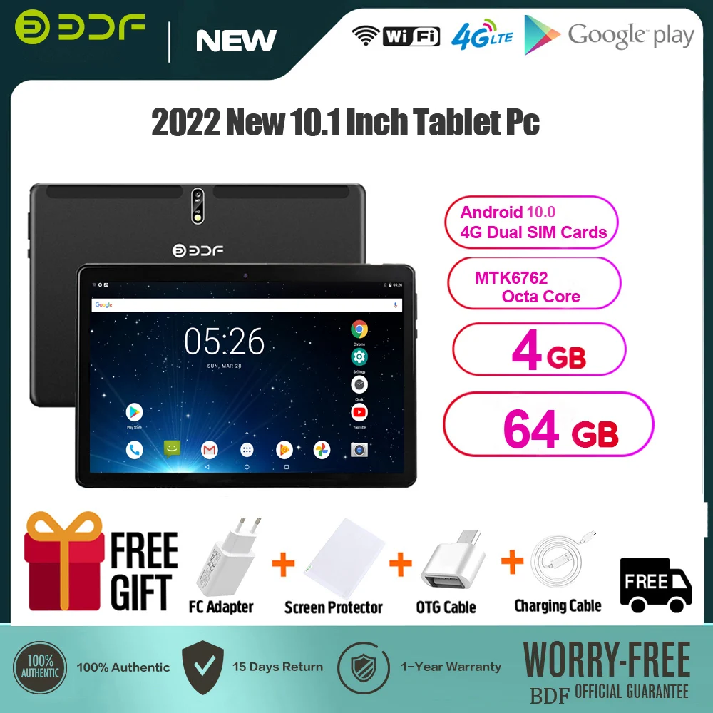 2022 New 10.1 Inch Tablet PC Android 10 Octa Core 4GB RAM 64GB ROM 4G Network Dual SIM Cards Google Play Bluetooth WiFi Tablette