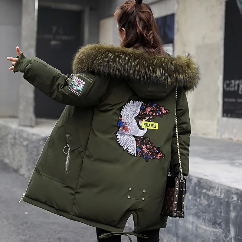Winter new Korean version of loose cotton-padded women embroidered long wool collar cotton-padded jacket