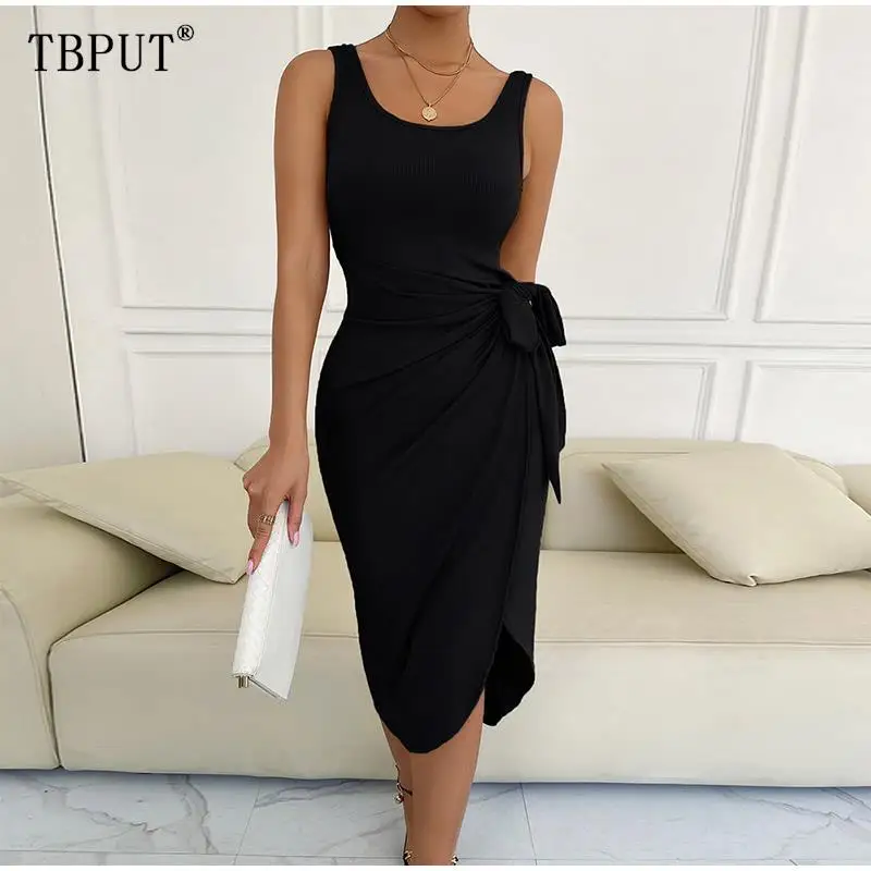 

Платье женское однотонное на бретелях с бантом, Модный повседневный офисный наряд с квадратным вырезом без рукавов, с разрезом, весна-лето