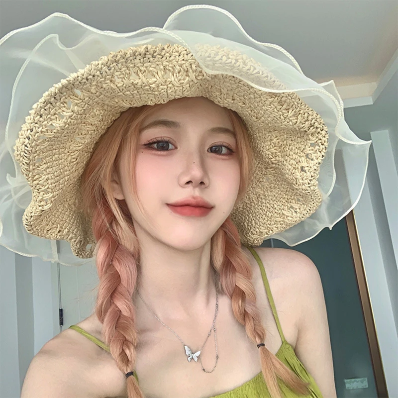 

New Korean Style Woman Straw Gauze Joint Bow Ribbon Large Brim Sunshade Ins Celebrity Outing Fashion Beach Holiday Glacier Hat