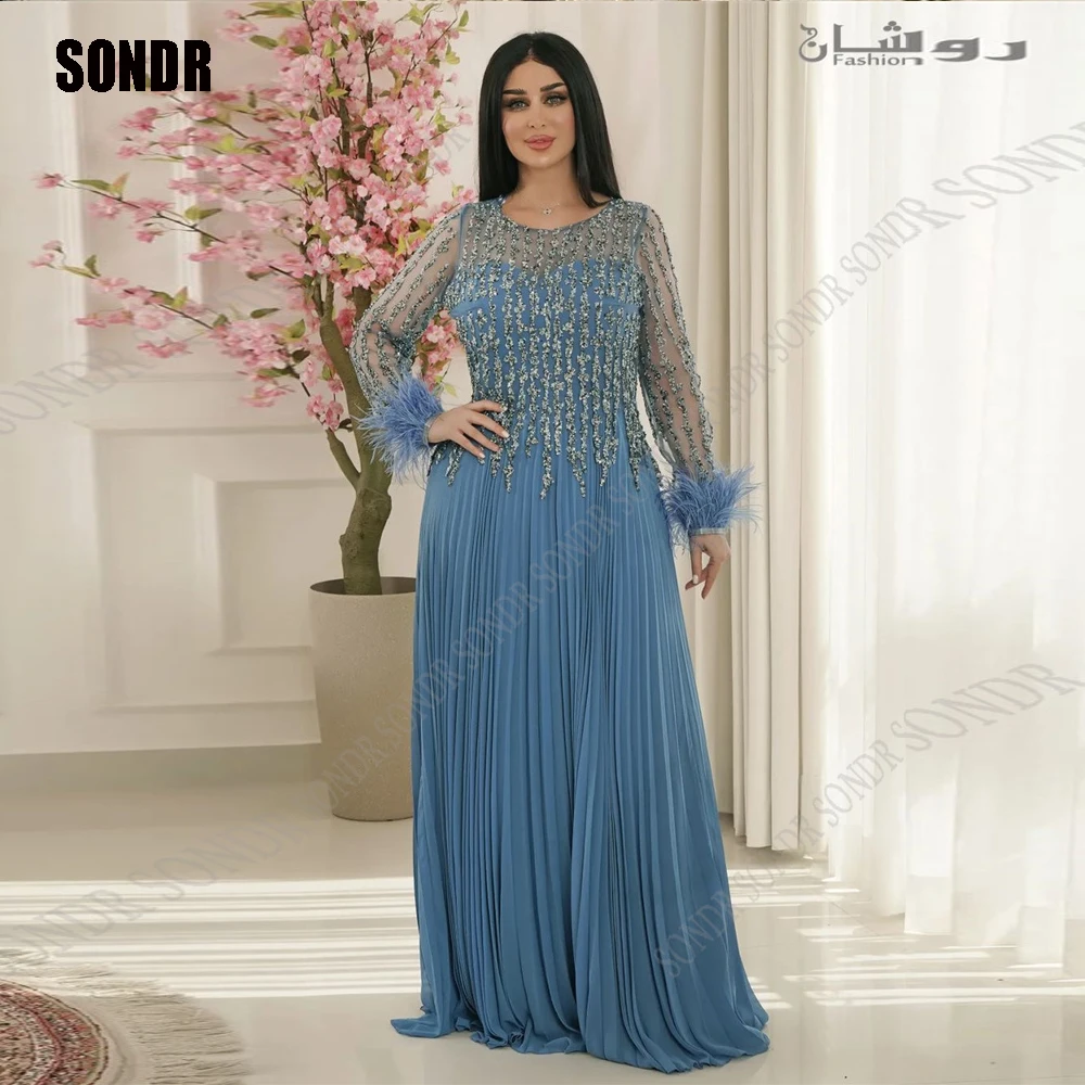 

SONDR Dubai Long Sequined Prom Gowns Saudi Arabia Special Occasion Dresses Full Sleeves Sniny O Neck Formal Evening Dress