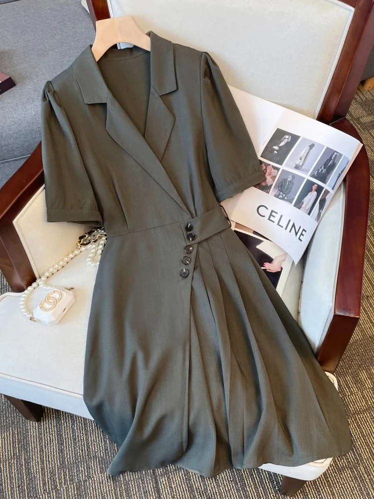 

Женское плиссированное платье-блейзер, элегантное офисное платье-трапеция с отложным воротником, коротким рукавом и высокой талией, размер...