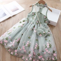 kids clothes girl dresses summer embroidered flower mesh sleeveless dress with bag little girls costume