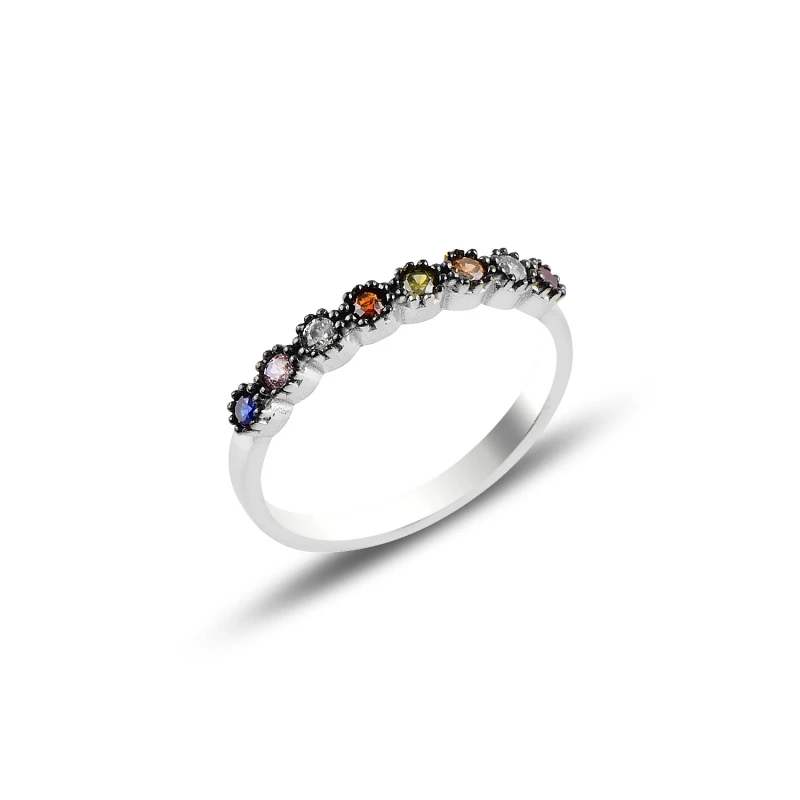 

Silver 925 Sterling Half Round Colorful Zircon Stone Ring