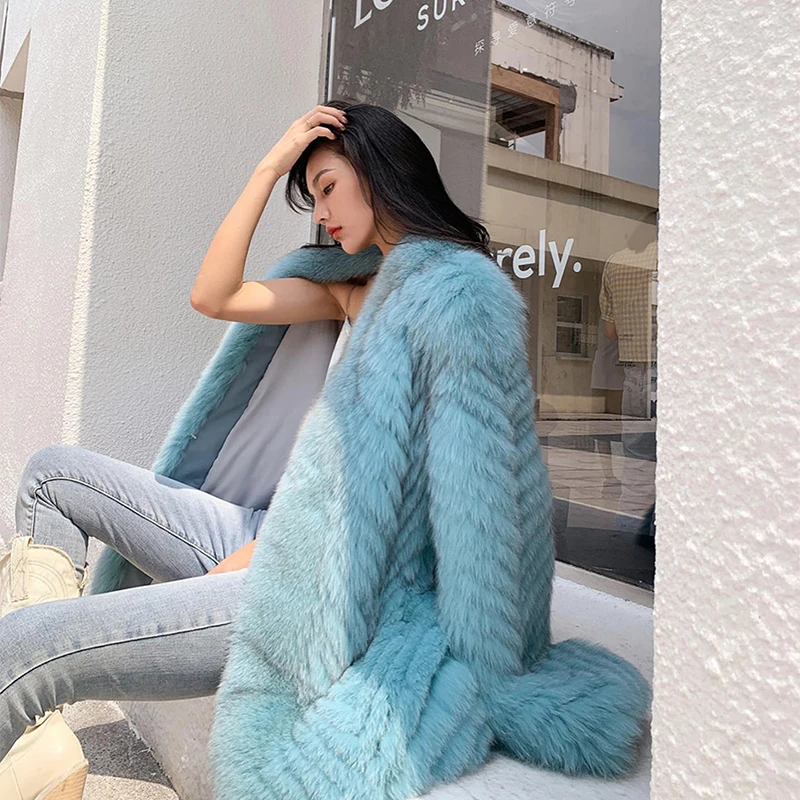 Natural Genuine Fox Fur Jacket Women Streetwear Tide Light Blue Outertwear Lady Autumn New Warm Luxury Fox Fur Coats Female
