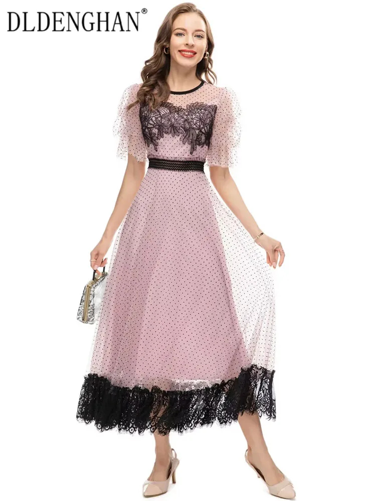 DLDENGHAN Spring Summer Dot Mesh Dress Women O-Neck Butterfly Sleeve Embroidery Vintage Party Long Dresses Fashion Runway New