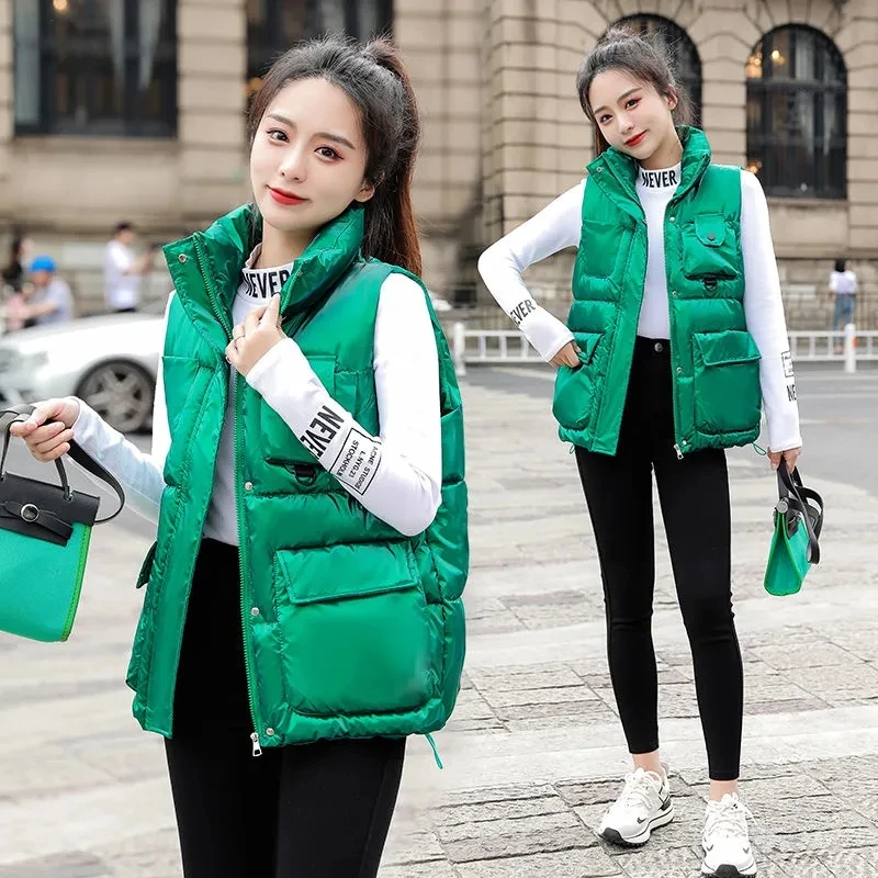 

Глянцевый пуховой жилет из хлопка, новинка 2022, весна-осень, корейский Свободный жилет, куртка, верхняя одежда, безрукавки, женская одежда