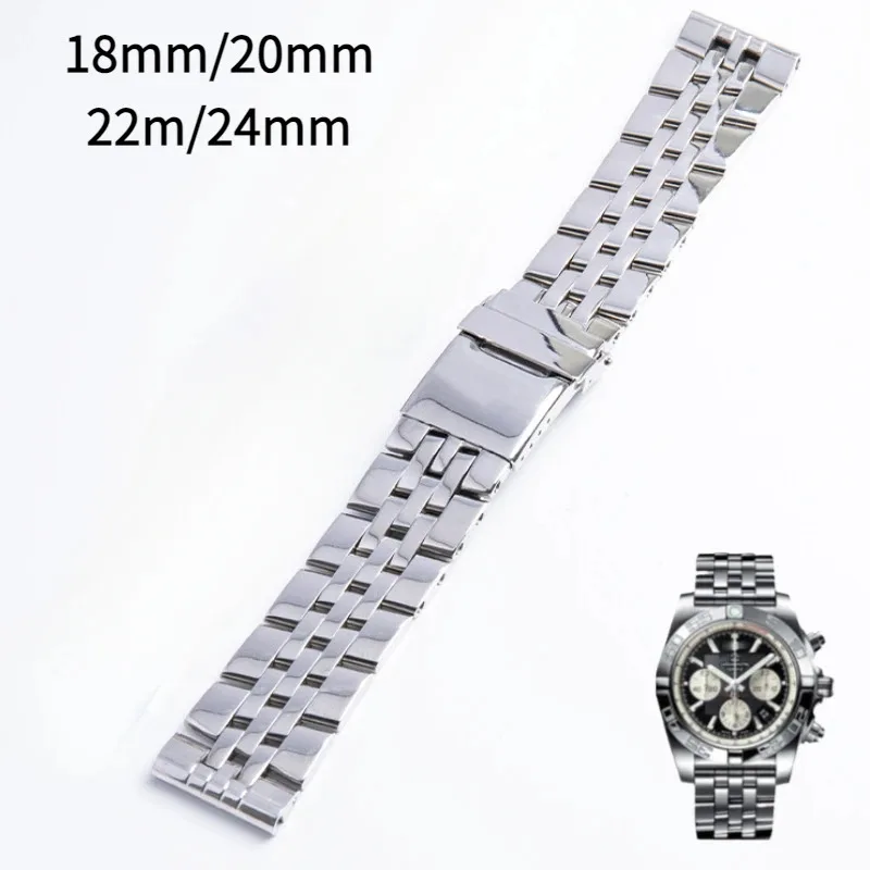 Фото Ремешок из нержавеющей стали для Breitling A49350 AB 042011, ремешок 18 20 мм, 22 мм, 24 мм, серебристый, золотой, однотонный металлический ремешок, мужская скобка №1