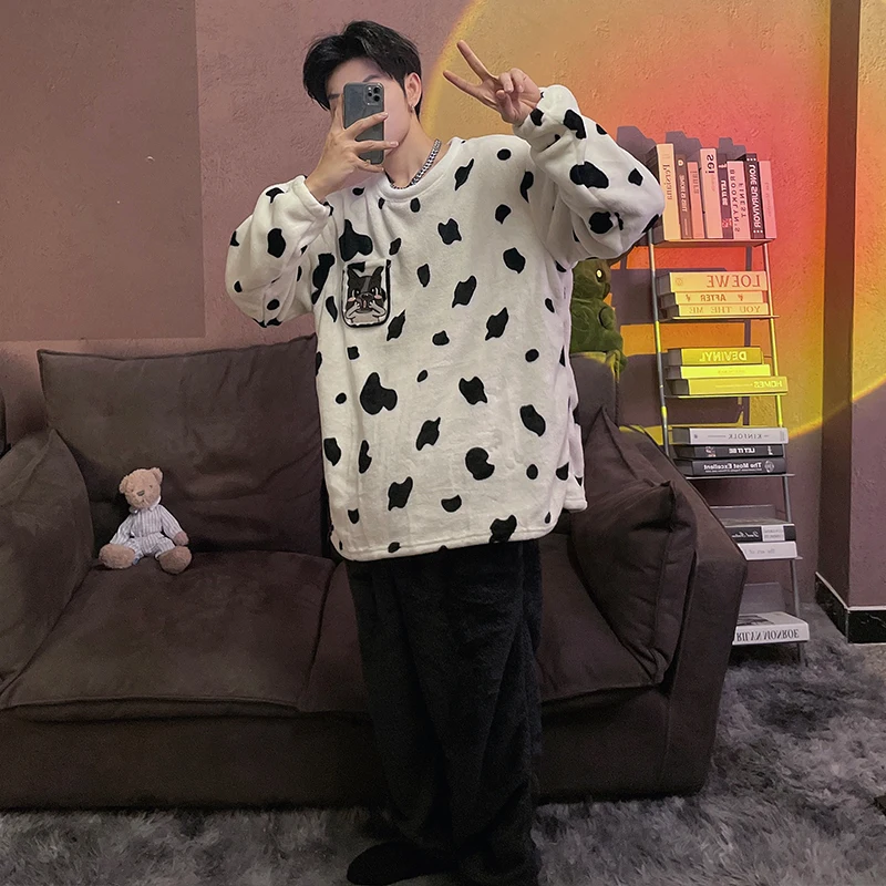 QUHENG Winter Flannel Men Cute Pajamas Thick Couple Sleepwear 2022 New Women Pajama Set Cartoon Coral Fleece Chic Home Clothing