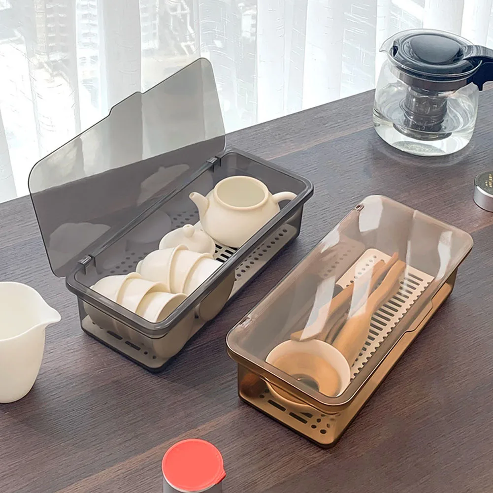 Transparency Storage Box For Tea Set Cup With Lid & Drain Dustproof Cutlery Holder For Kitchen images - 6