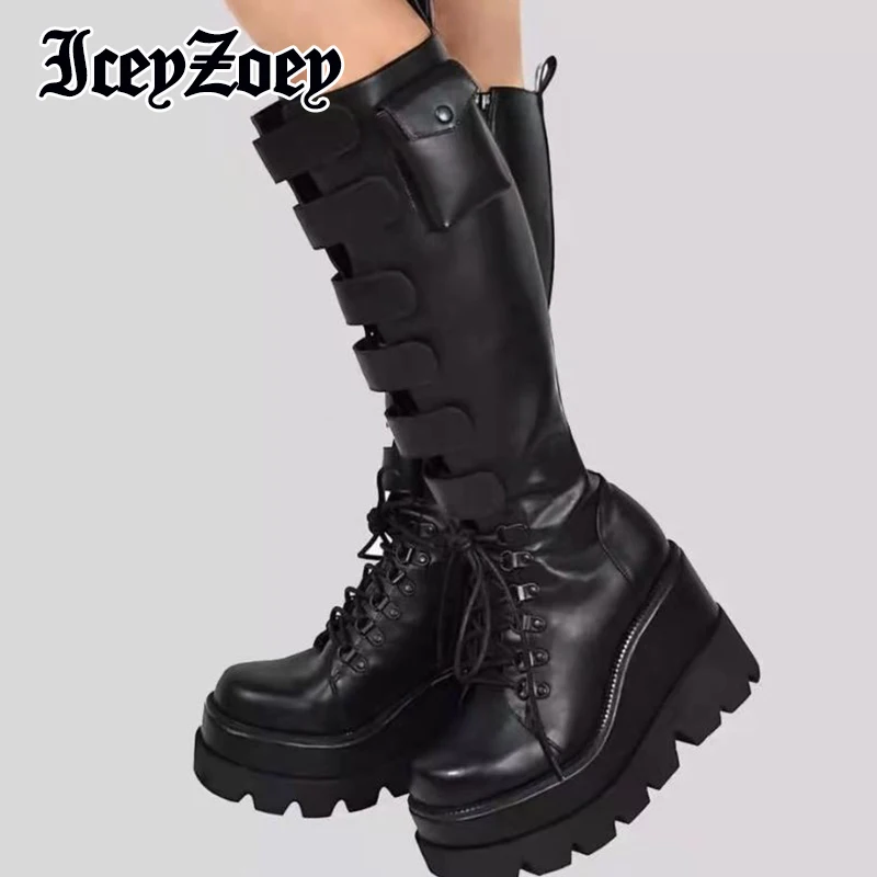 

IceyZoey Big Size 35-43 Woman Long Boots Platform Zip Winter Shoes Woman Gothic Punk Knee Female Boots Club Footwear