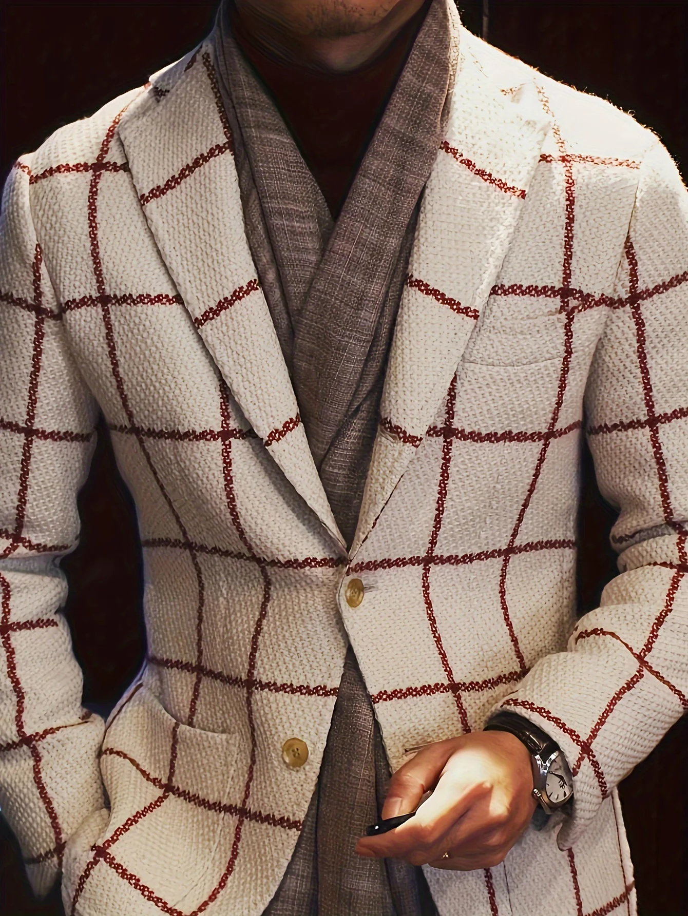 Мужской классический пиджак в клетку с длинным рукавом полоску