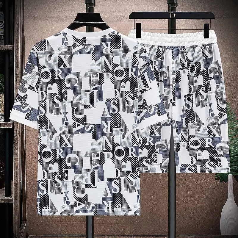 Men's Summer Ice Silk Short Sleeve Shorts Casual Suit Fashion Handsome Suit Thin Style Printed Loose Two-Piece Set