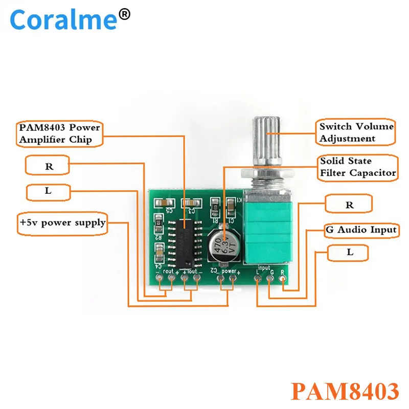 

PAM8403 Mini 5V Power Audio Amplifier Board Module 2 Channel 3W Volume Control / USB Power