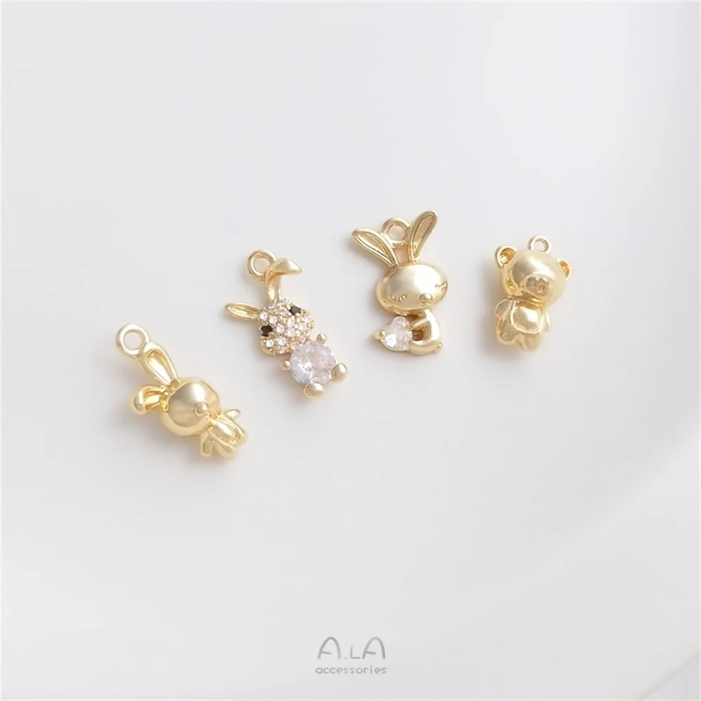 

14K gold with zirconium bunny pendant three-dimensional glossy mini bear bunny charm diy bracelet charm
