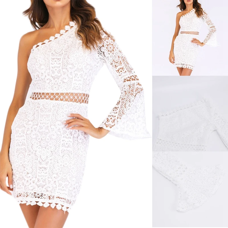 

Summer Sexy White Lace Dress Hollow Out One Shoulder Flare Sleeve Elegant Dress Clubwear Club Party Women Dresses