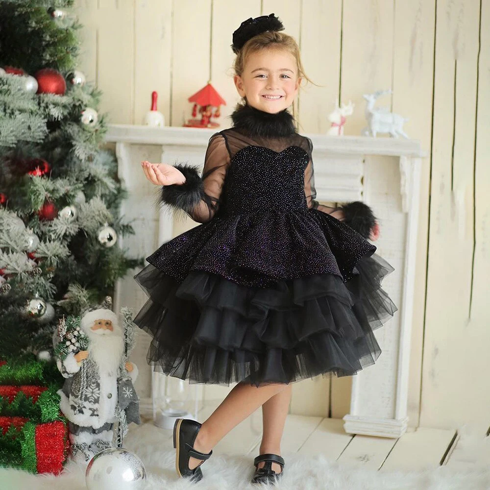 

Elegant Flower Girl Dresses High Neck Knee-Length Ball Gown Sequined Tiered Puffy Baby Birthday Dress Full Sleeve Princess Dress
