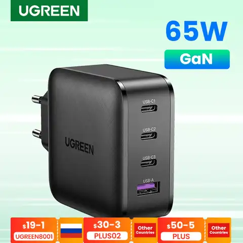 Зарядное устройство Ugreen GaN, 65 Вт, быстрая зарядка 4,0, 3,0, Type C, PD, USB, QC 4,0, 3,0, настенное быстрое зарядное устройство для iPhone 13, 12, Xiaomi, ноутбука