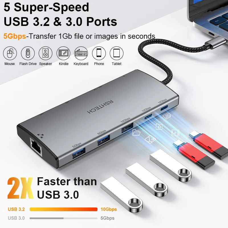 Фото Док-станция-концентратор RSHTECH 11-IN-1 USB C с 8K 4K HDMI-совместимым устройством чтения карт USB 3.2 и 3.0 PD100W SD/TF RJ45 для MacBook №3