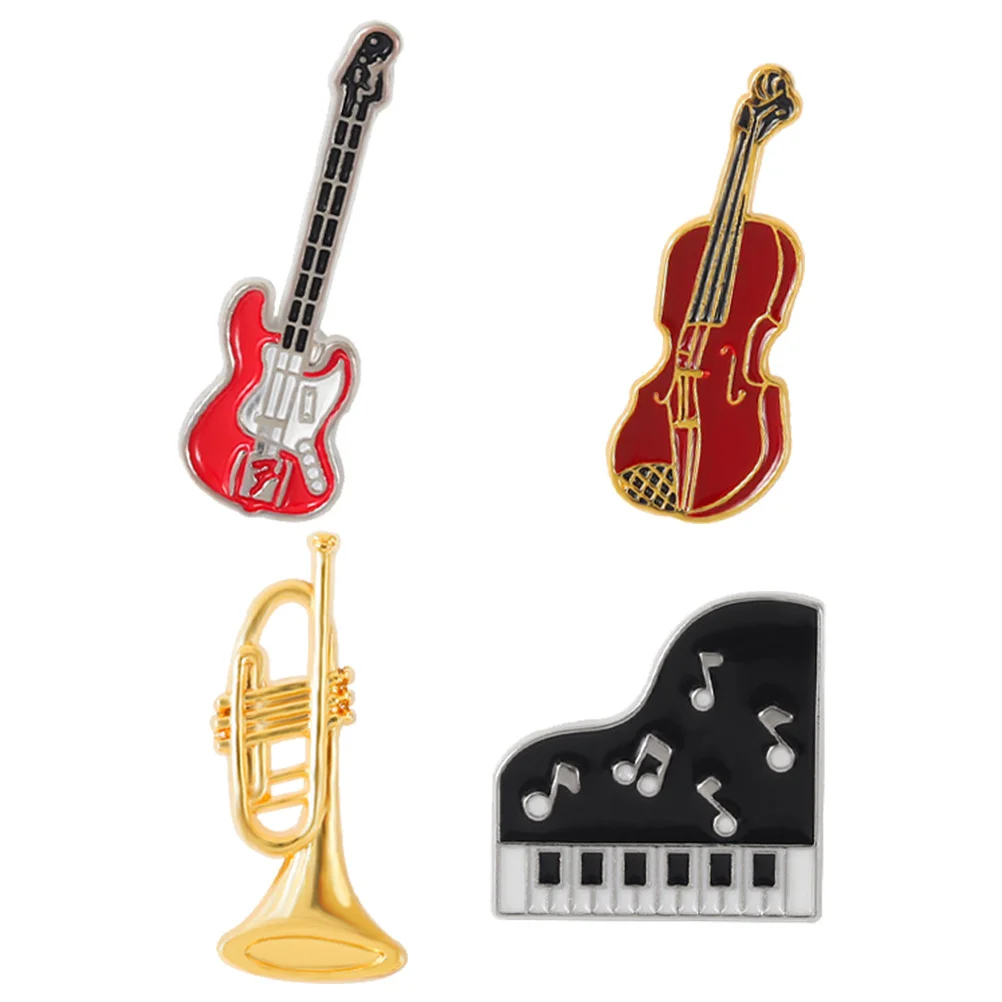 

4 Pcs Wooden Decor Jewelry Guitar Breastpin Brooch Musical Instrument Badge Alloy