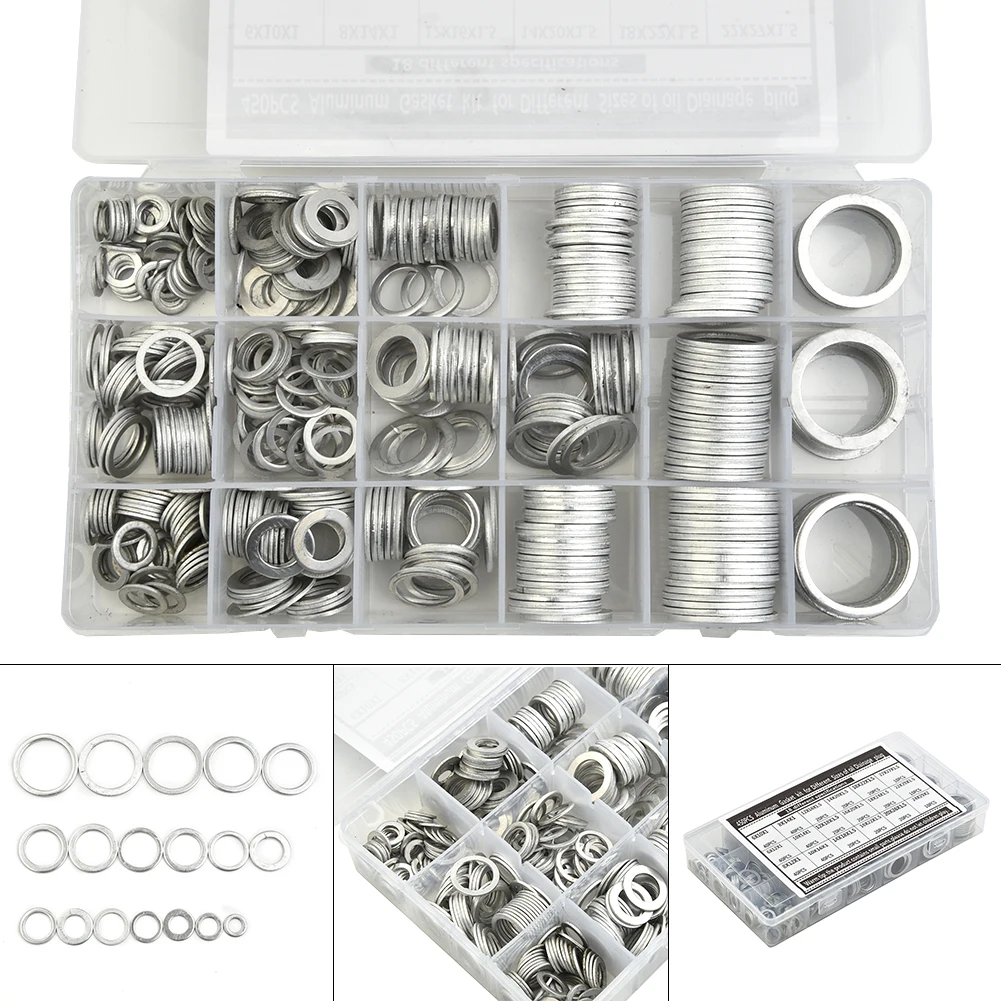 

450pcs/Set Gaskets Assortment Washer Sealing Tools Flat Plain Silver Wear Resistant Machine Kit Accessory With Plastic Box