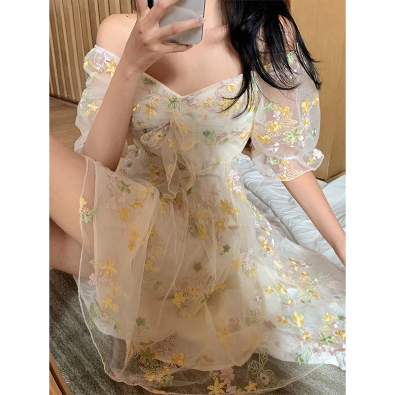 

Summer Floral Dress Women Sweet Lace Fairy Mini Dress Short Sleeve Sundress Elegant Puff Sleeve Vestidos De Mujer