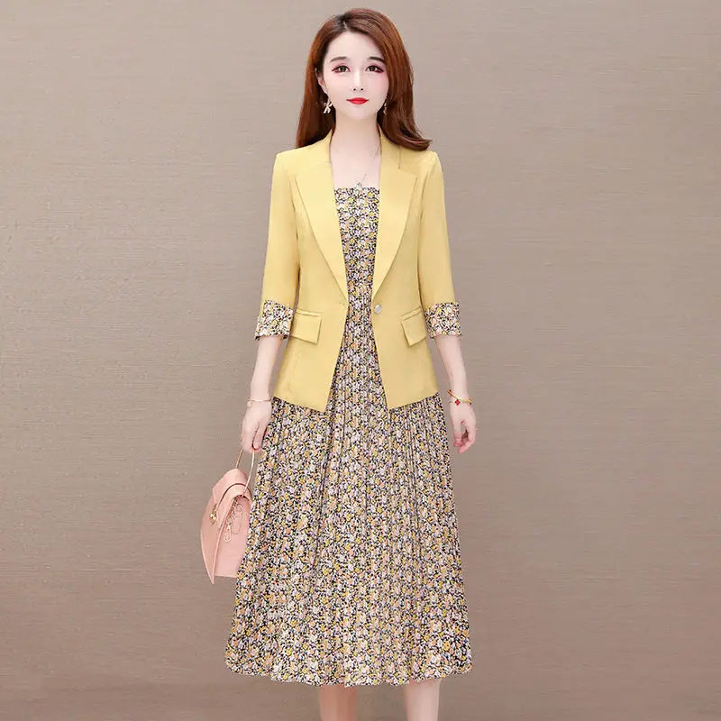 

Fashion Slim Fit Blazer with Floral Print Sleeveless Dress Suits Two-piece Set Office Lady Women High Waist Dresses Suits E162