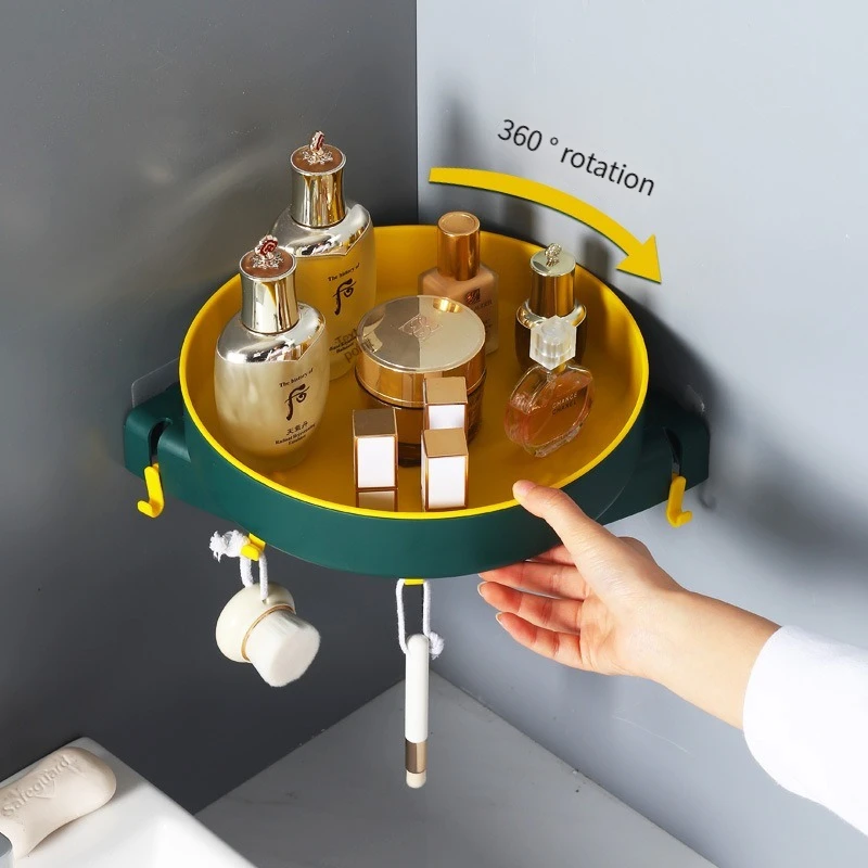 

360 Degree Rotating Shelves with Hook Wall Mount Shower Corner Shelf Multipurpose Storage Rack for Kitchen Bathroom Accessories