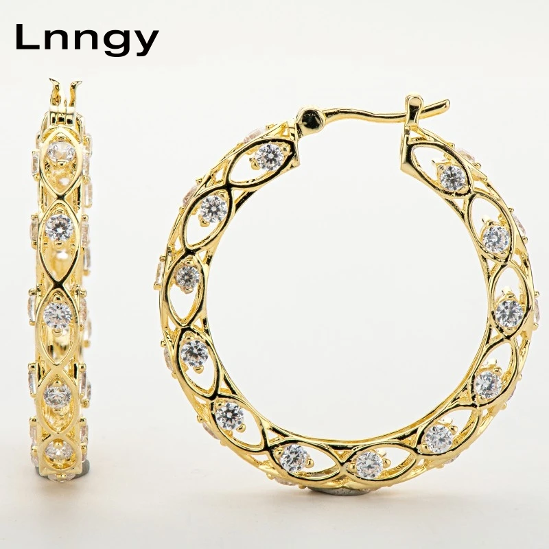 

Винтажные ажурные серьги-кольца Lnngy 10 к/14 к, твердое желтое золото 2 мм, кубический цирконий, ювелирные изделия, подарки на день рождения для ж...