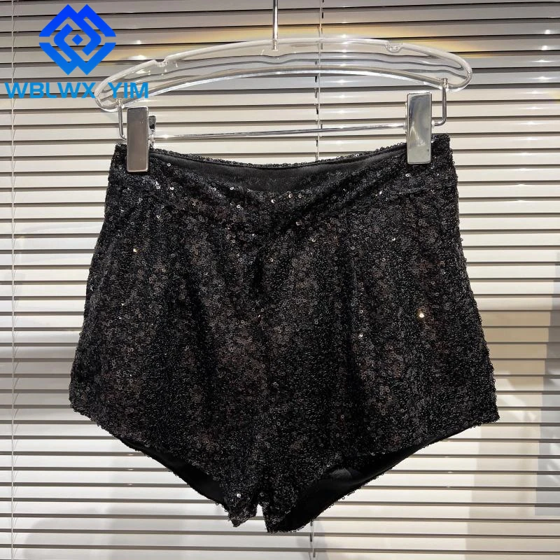 

Fashion Sequins Loose Shorts Women Streetwear High Waist Wide Leg Mini Pants Female Elastic Waist Casual Summer Shorts 2022 New