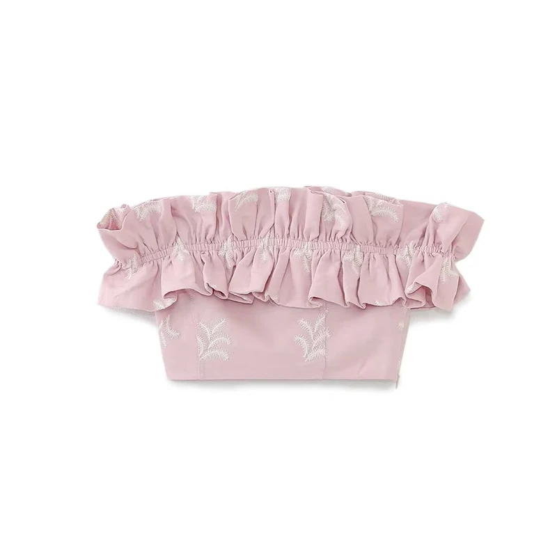 

YENKYE 2023 Women Sexy Off Shoulder Floral Embroidery Ruffle Short Blouse Summer Crop Top