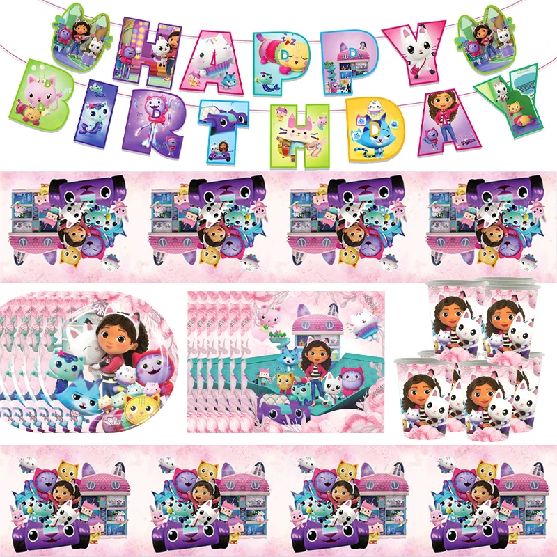 

54pcs/lot Gabby's Dollhouse Theme Baby Shower Birthday Party Decorations Tableware Tablecloth Letter Banner Cup Plate Napkin