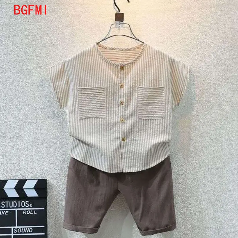 Летний комплект для мальчиков, детская одежда, 2023, корейский красивый детский комплект из двух предметов из хлопка и льна с короткими рукавами