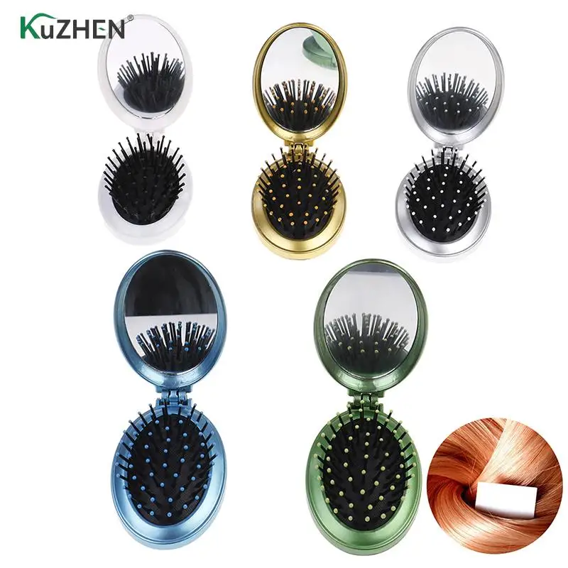 Portable Round Pocket Small Size Travel Massage Folding Comb Girl Hair Brush With Mirror Styling Tools