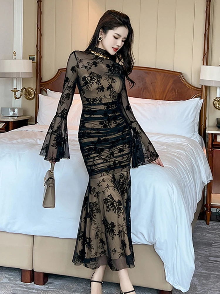 

Elegant Black See Through Sexy Long Dress Women Ladies Clothes Flare Sleeve Bodycon Maxi Gown Robe Mujer Vestido Fiesta Stretchy