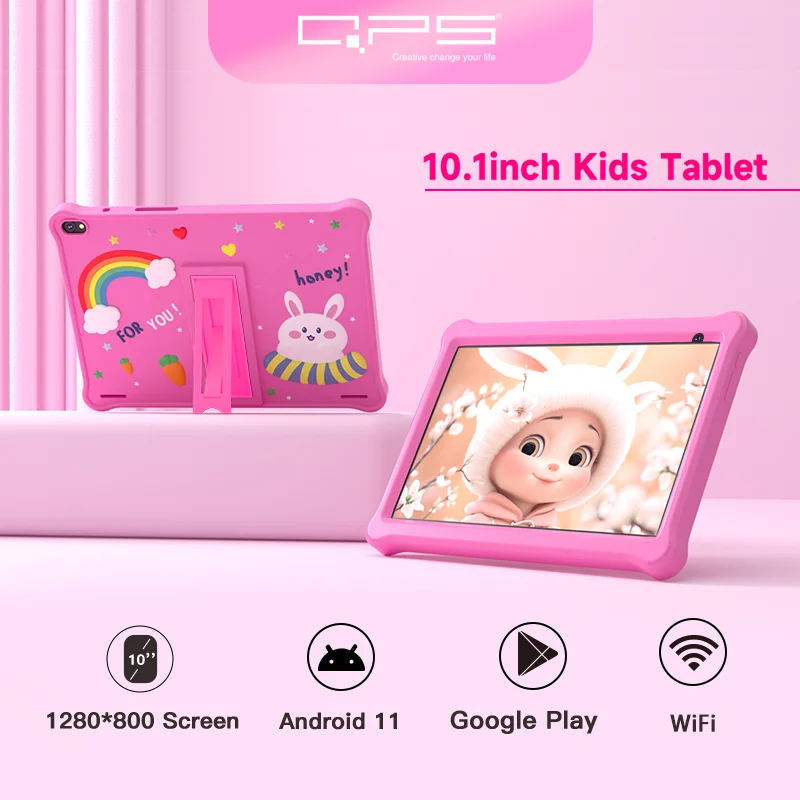 

QPS 10 Inch Kids Tablets Android 11 1280*800 HD Ouad Core Wifi 2GB 32GB Children Tablet for Kids Study with Holder 6000mAh
